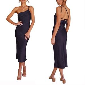 NWT (S) Satin One Shoulder Ruched Sleeveless Backless Midi Dress Navy Blue
